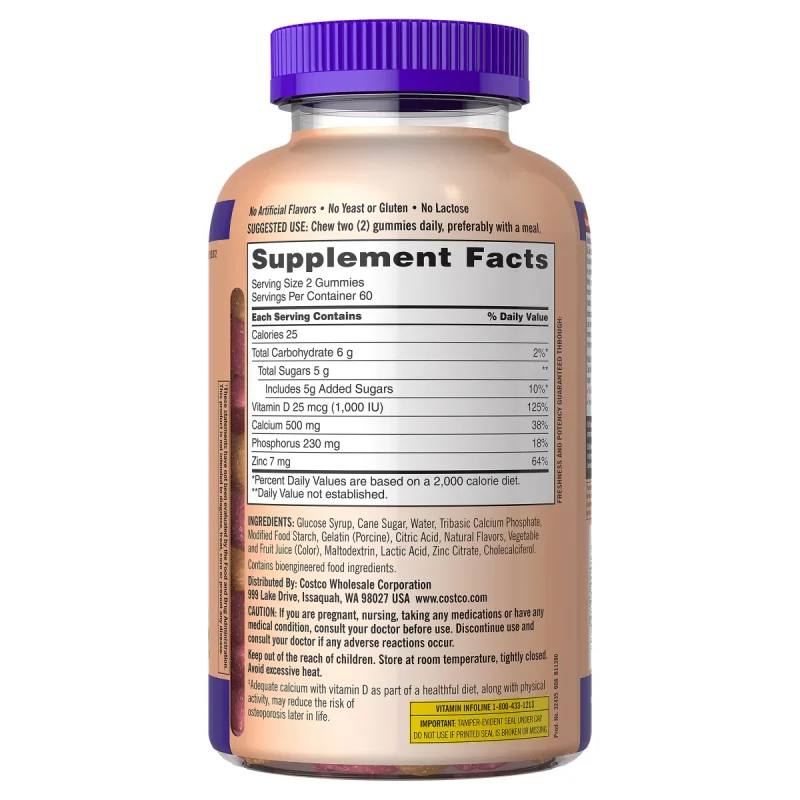 Calcio 500mg con D3 y zinc Kirkland Signature 120 gomitas